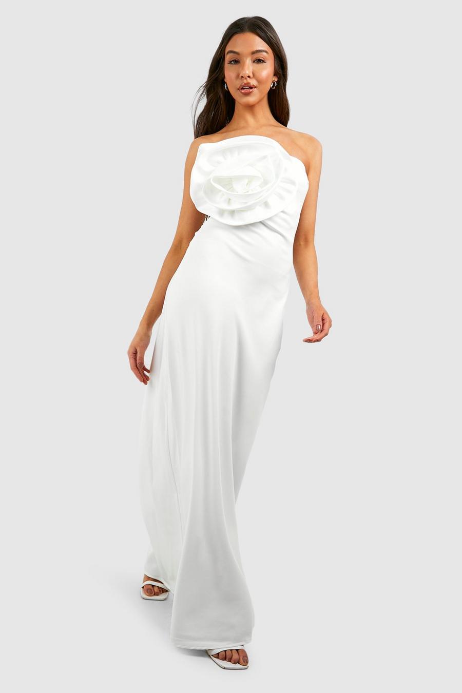 White Rose Detail Bandeau Maxi Dress