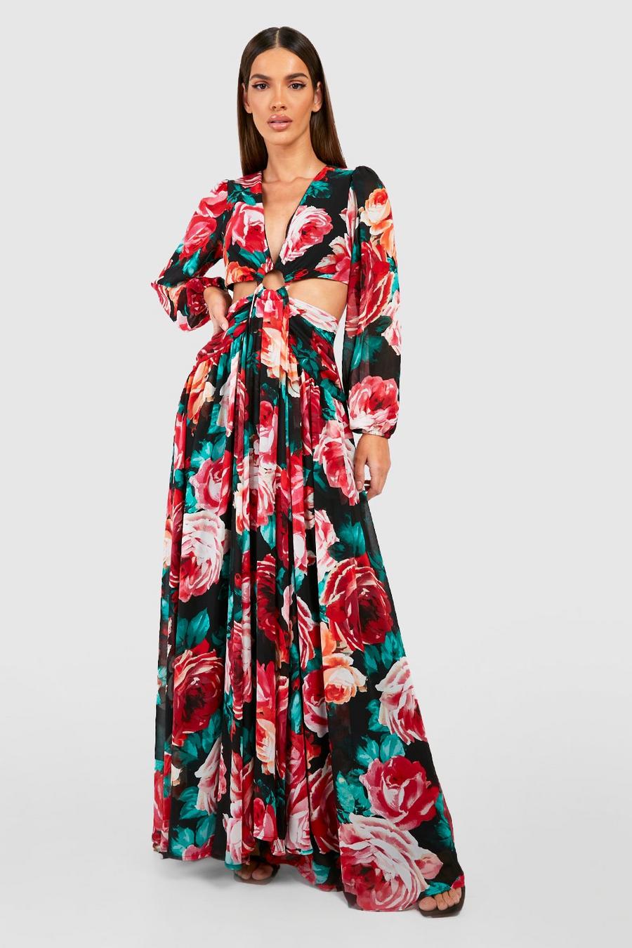 Black Floral Print Ring Detail Cut Out Maxi Dress image number 1
