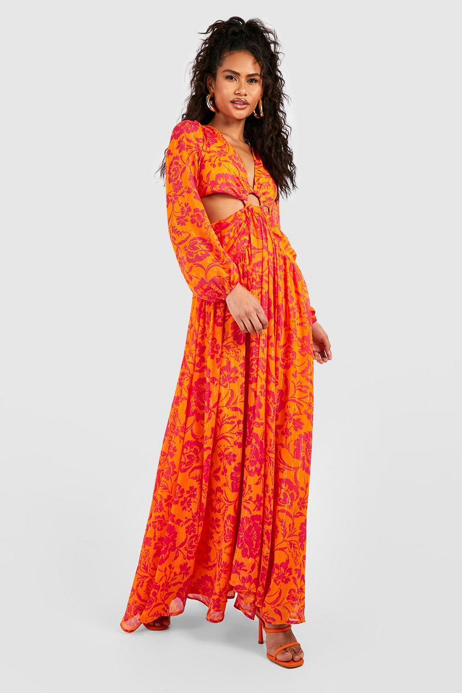 Orange Floral Ring Detail Cut Out Maxi Dress image number 1