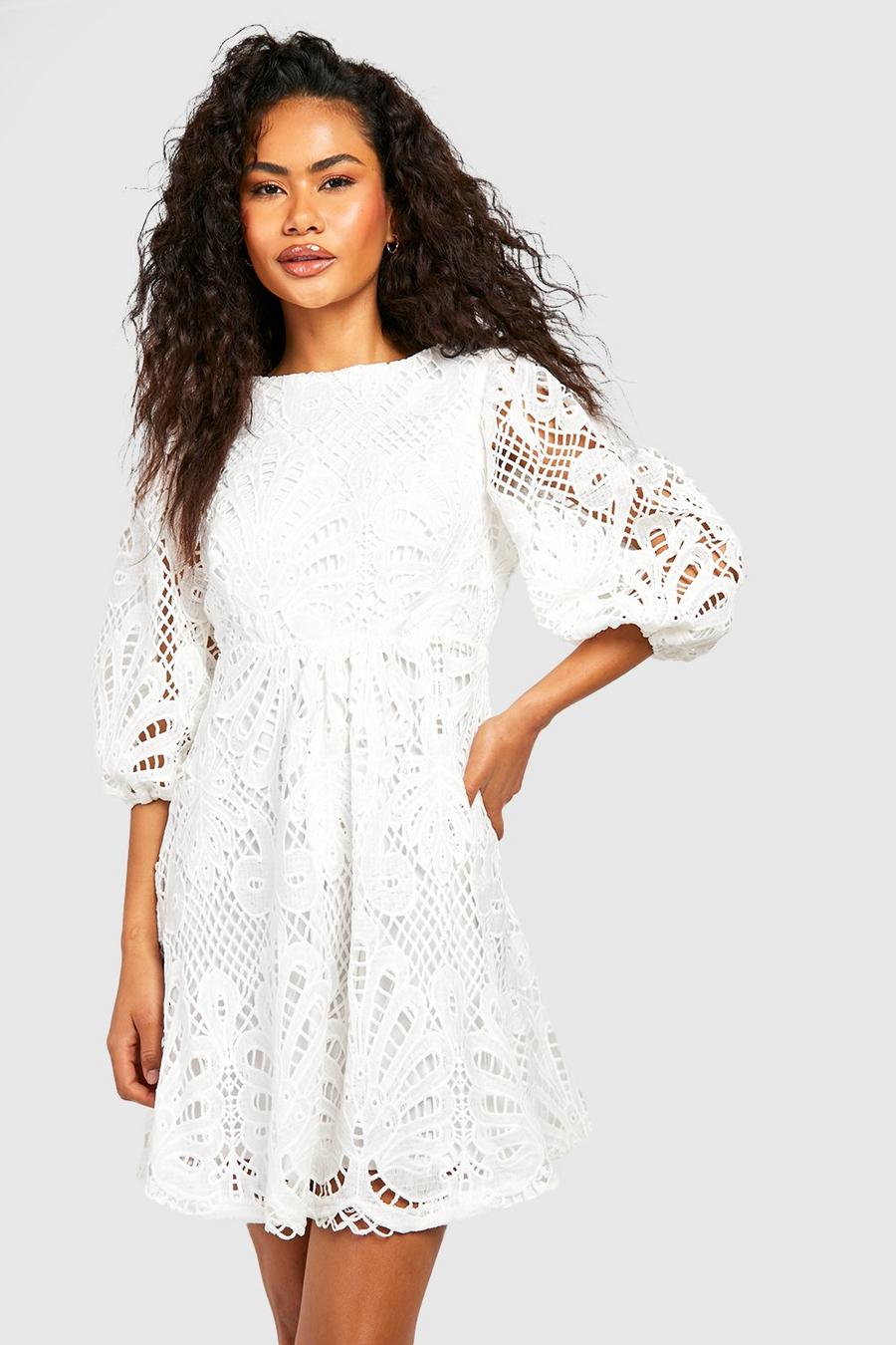 White Premium Lace Puff Sleeve Smock Dress image number 1