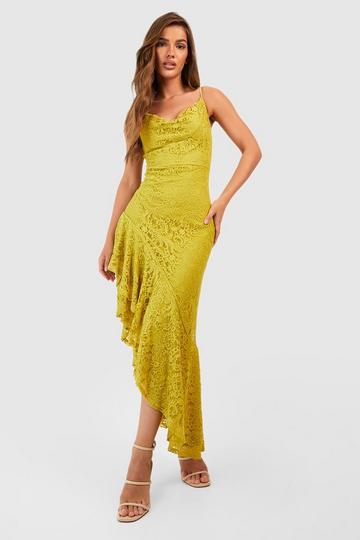 Chartreuse Yellow Lace Asymmetric Cowl Maxi Dress