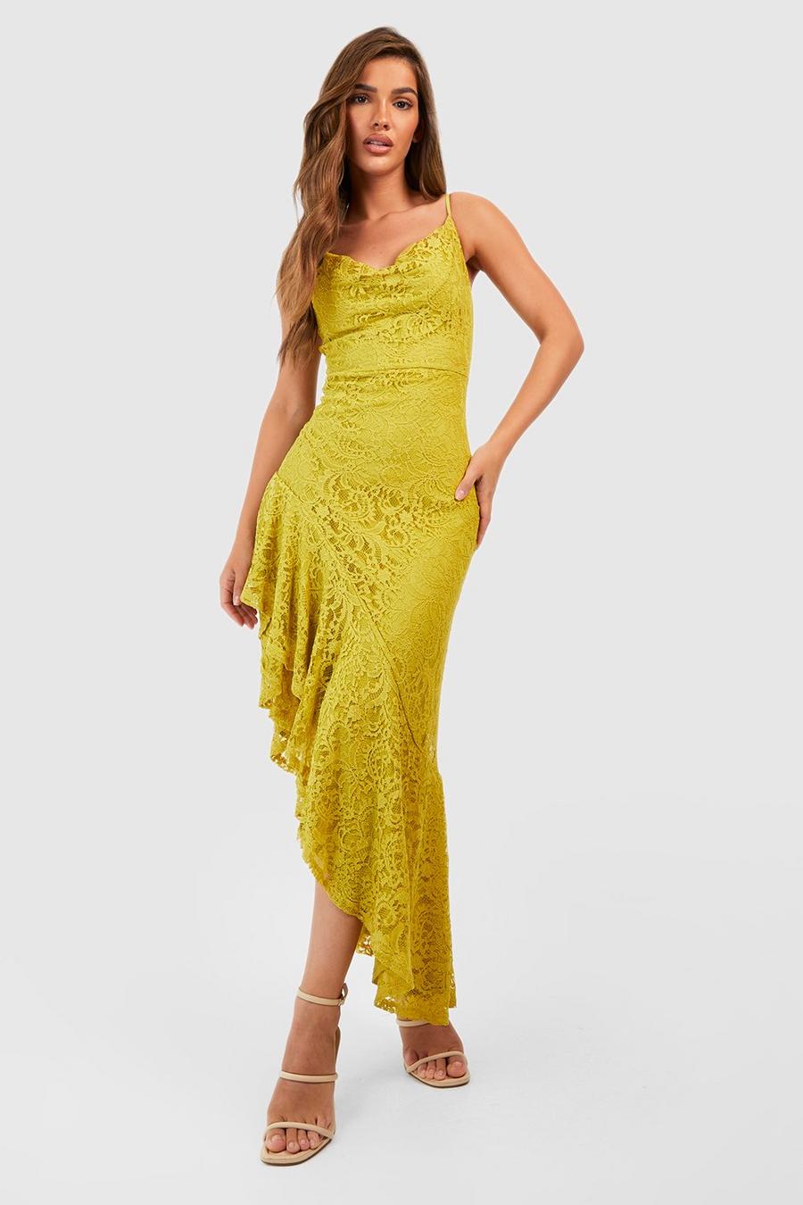 Chartreuse Lace Asymmetric Cowl Maxi Dress image number 1
