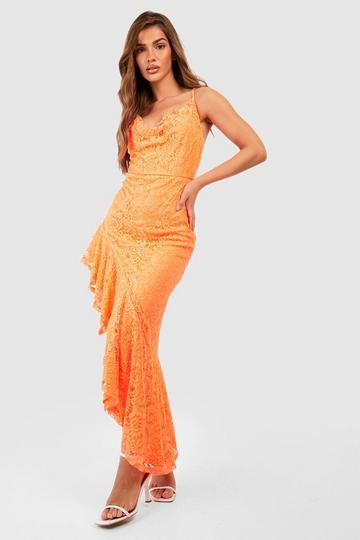 Orange Lace Asymmetric Cowl Maxi Dress