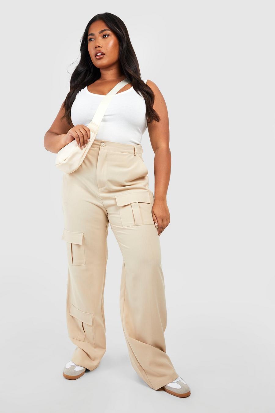 Beige Plus Woven Pocket Detail Wide Leg Cargo Trousers image number 1