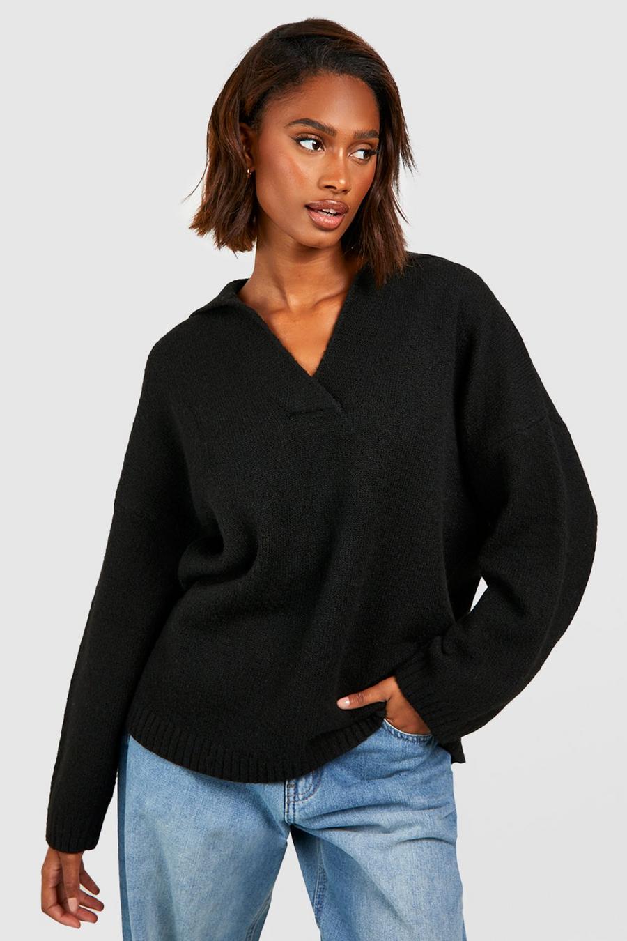 Weicher Oversize Pullover mit Polo-Kragen, Black