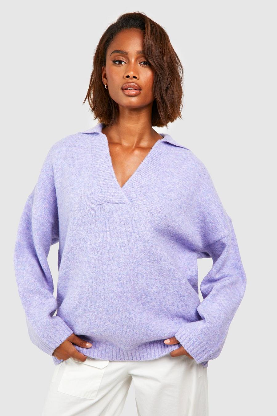 Blue Soft Knit Overszied Polo Collar Sweater