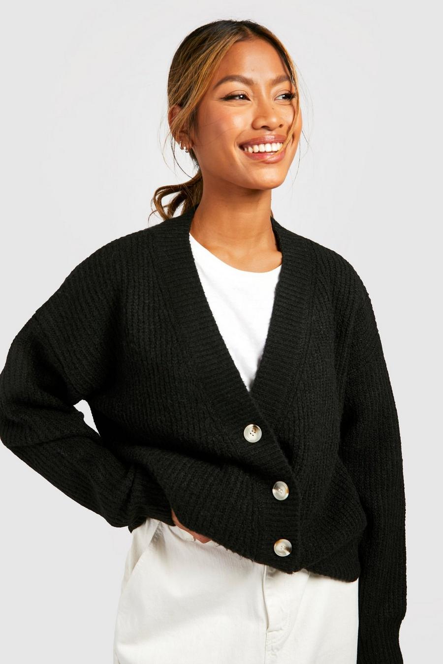 Black Asymmetric Button Soft Knit Cardigan image number 1