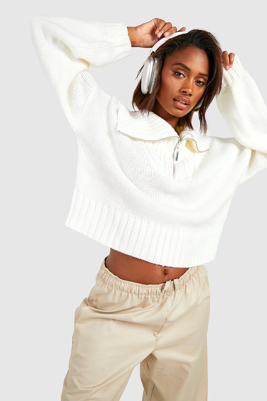 Ivory white Half Zip Collared Sweater
