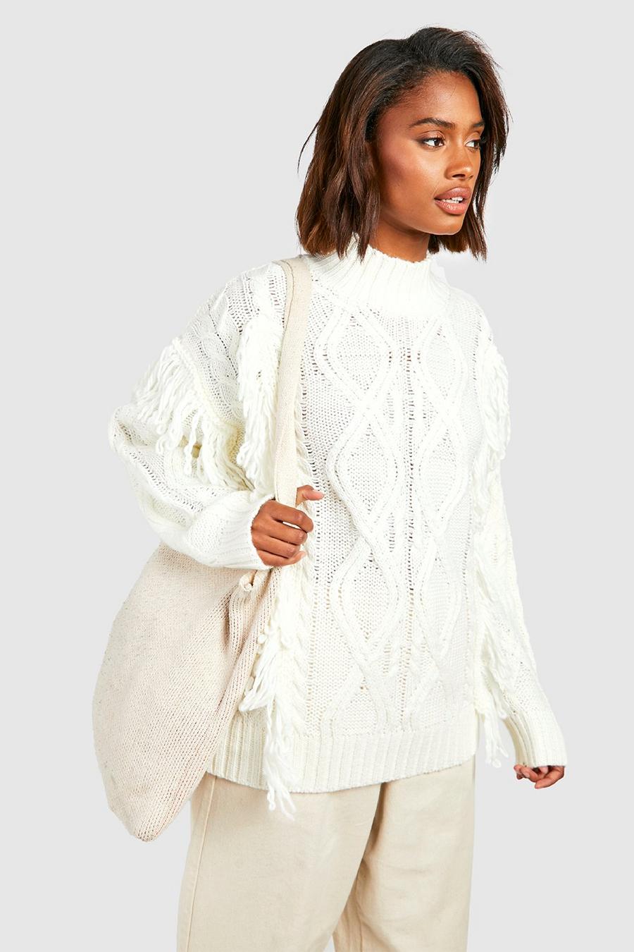 Maglione in maglia intrecciata con nappe, Ivory