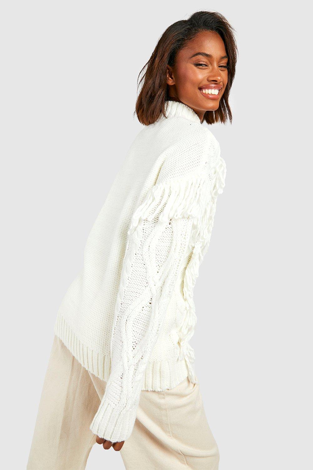 Cream Oversized Cable Knit Tassel Sweater