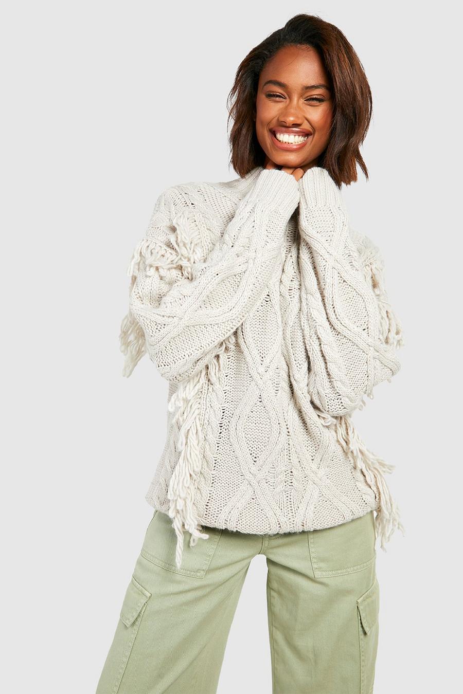 Maglione in maglia intrecciata con nappe, Silver image number 1