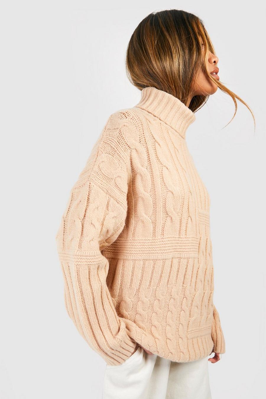 Maglione in maglia intrecciata effetto patchwork con collo alto, Camel image number 1