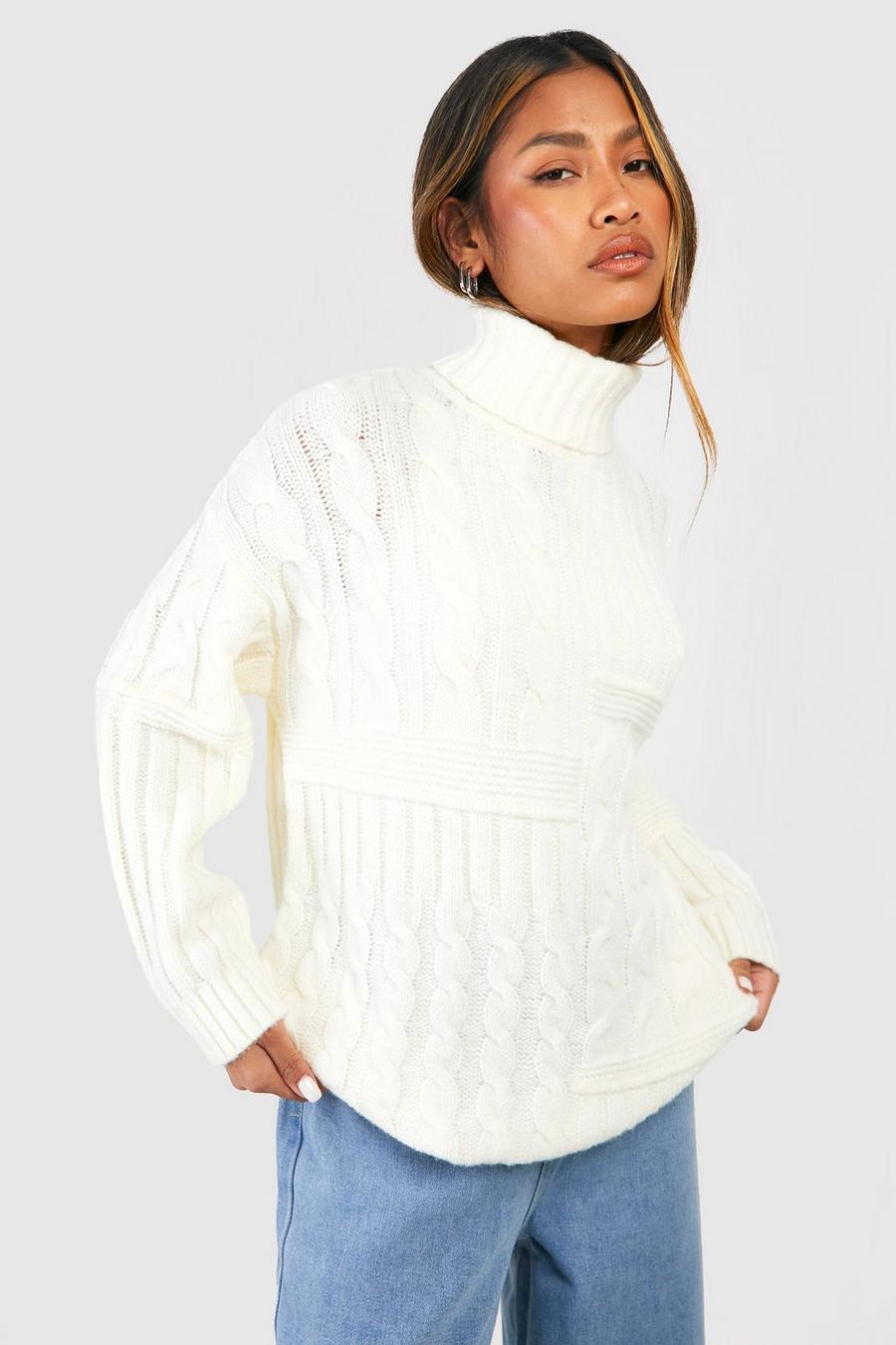 Maglione in maglia intrecciata effetto patchwork con collo alto, Cream