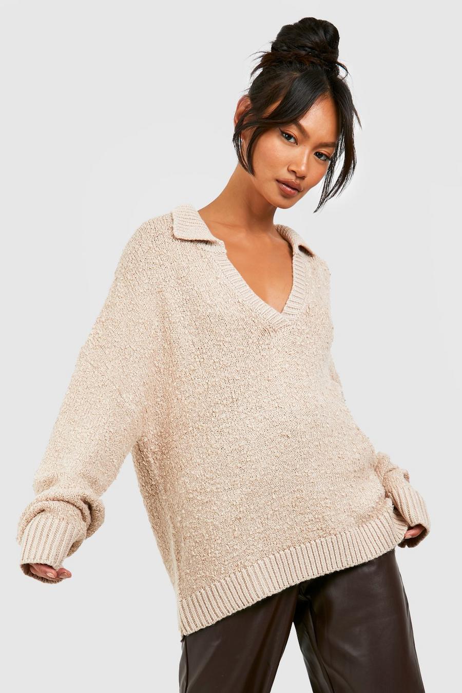 Stone beige Boucle Polo Collar Jumper