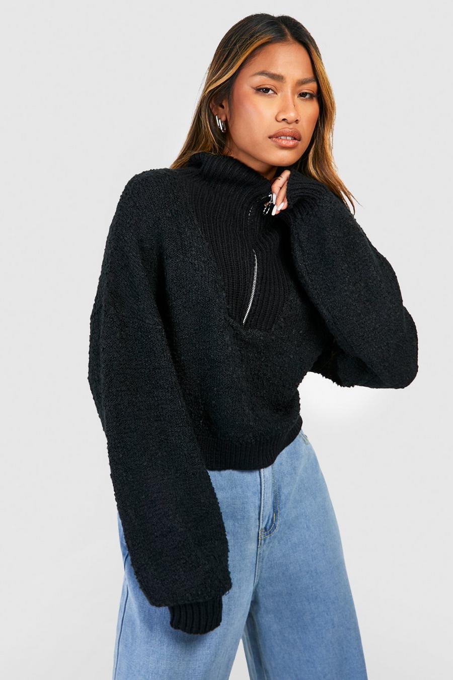 Maglione in bouclé con zip corta, Black