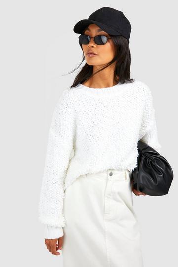Boucle Knit Deep Rib Hem Sweater white