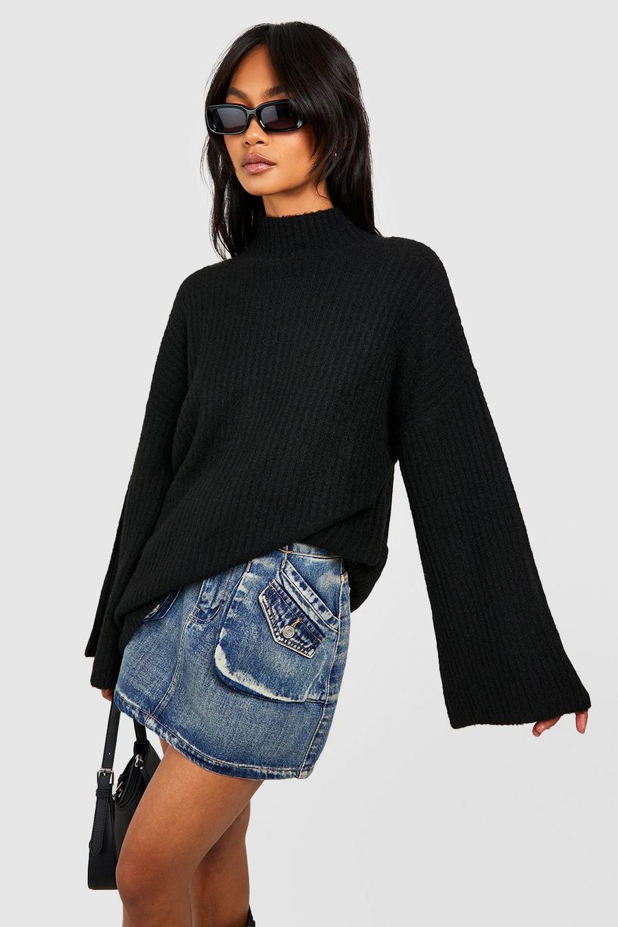 Black Soft Rib Knit High Neck Sweater