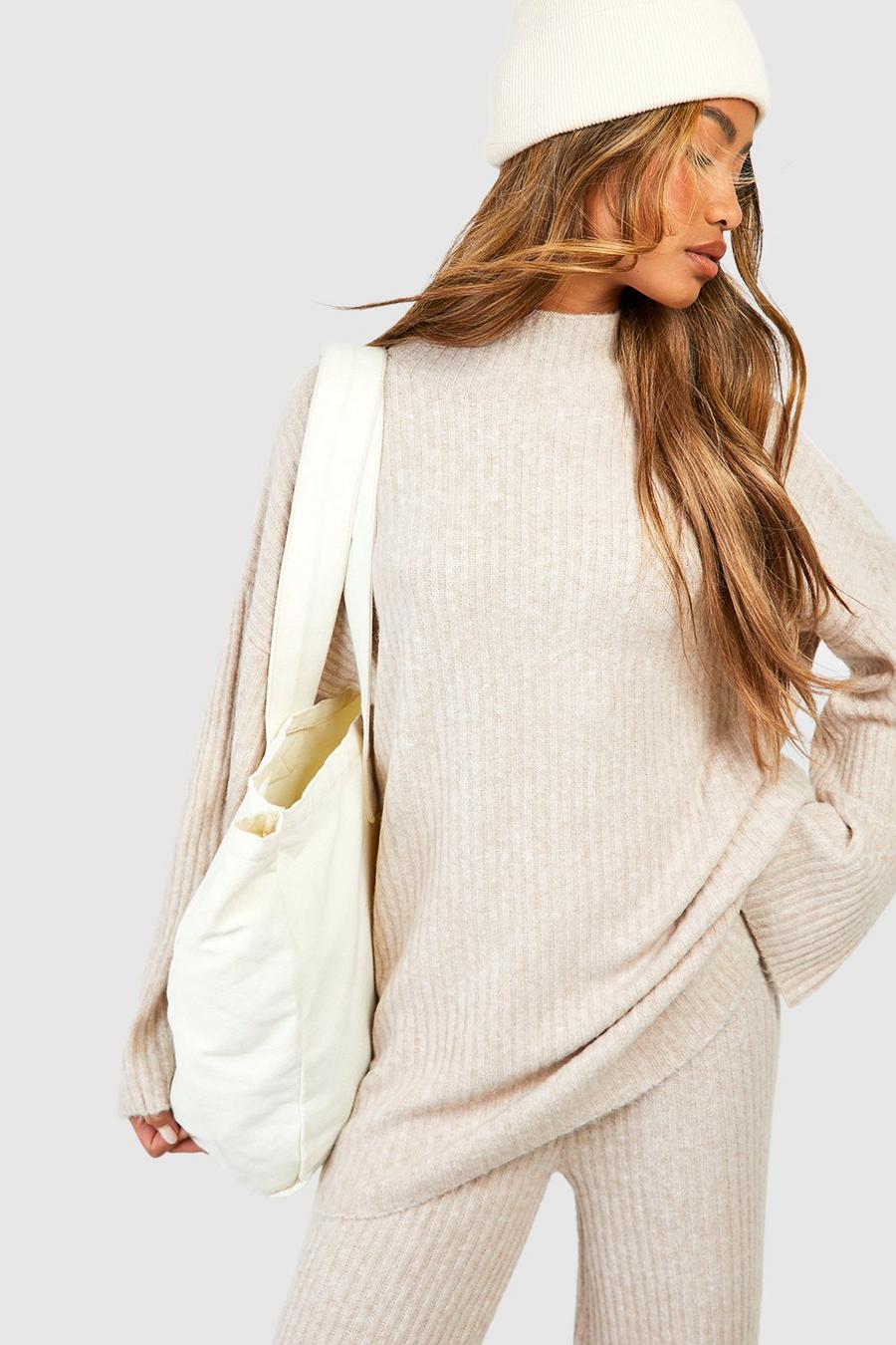 Camel Soft Rib Knit High Neck Sweater image number 1