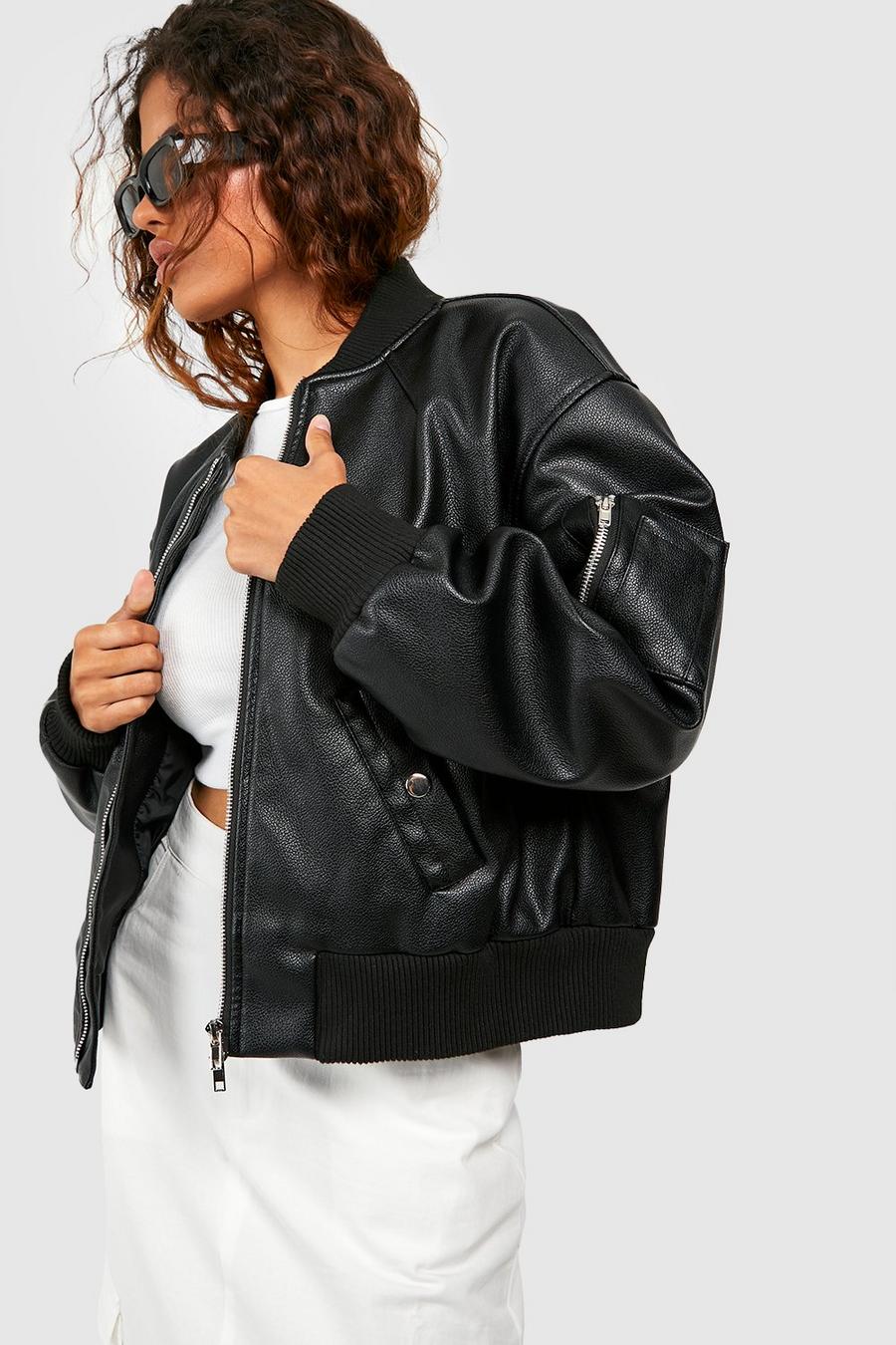 Black Petite Faux Leather Pocket Detail Bomber Jacket  image number 1