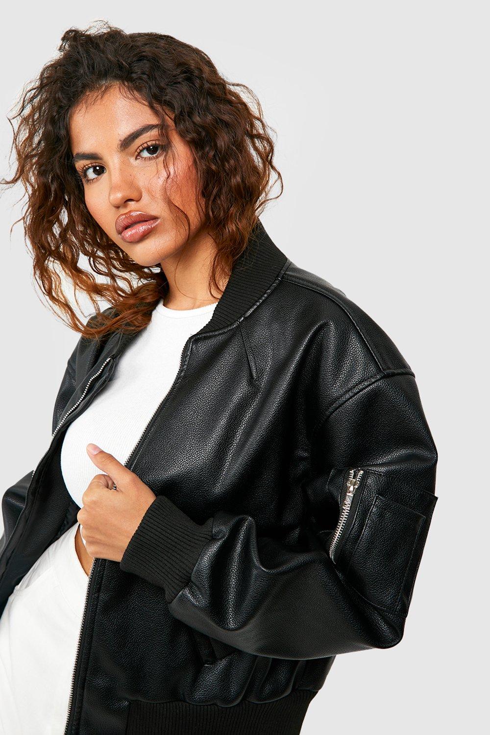 Black Faux Leather Pocket Detail Oversized Cropped Jacket