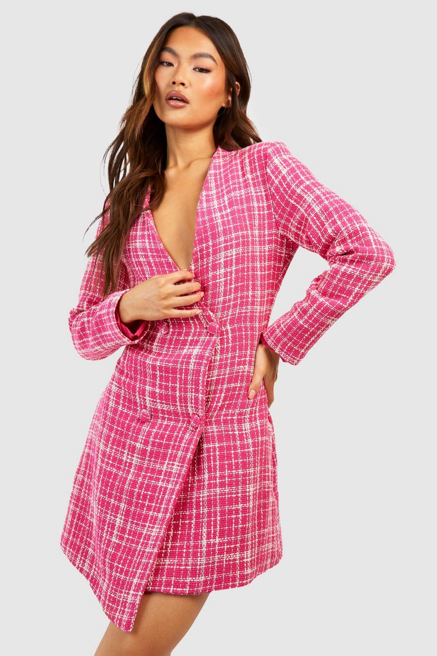 Pink Check Boucle Long Sleeve Blazer Dress