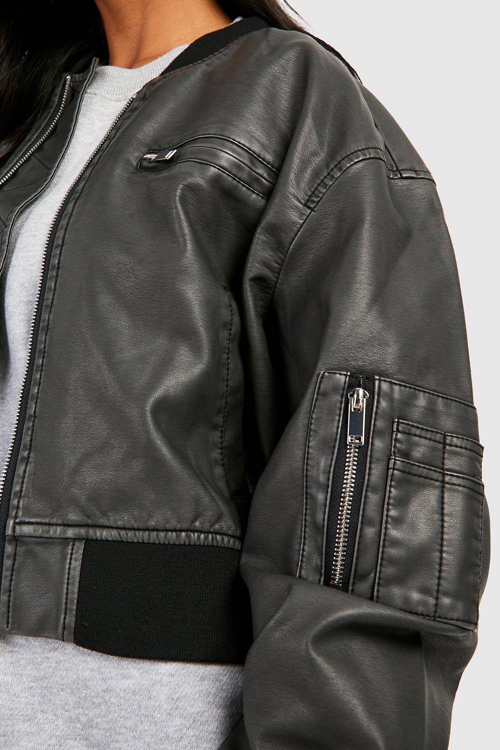 Petite Faux Leather Pocket Detail Bomber Jacket