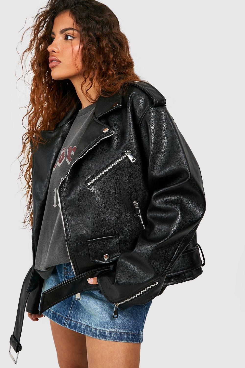 Petite Faux Leather Oversized Biker Jacket