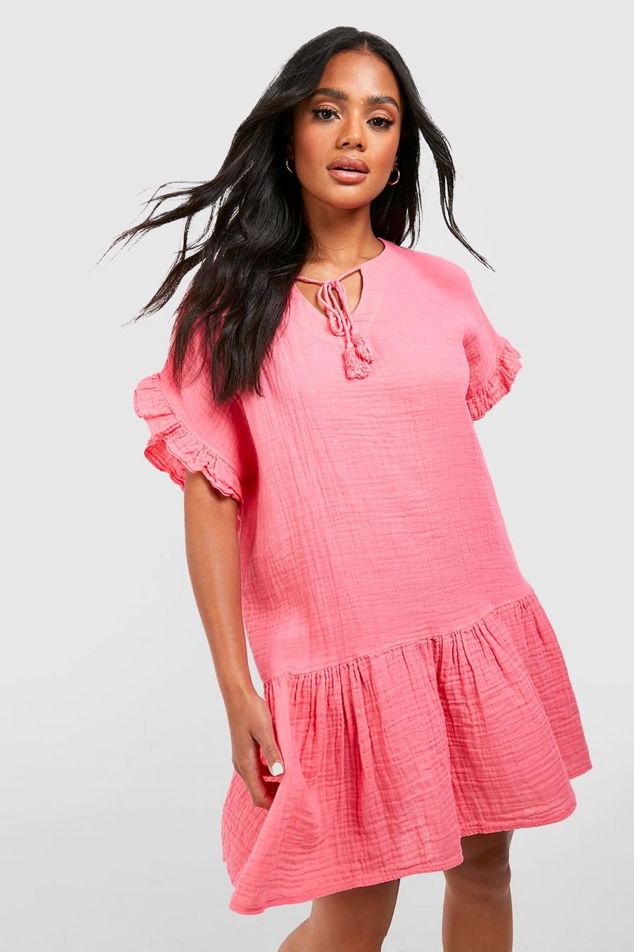 Hot pink Crinkle Textured Angel Sleeve Smock Dress image number 1