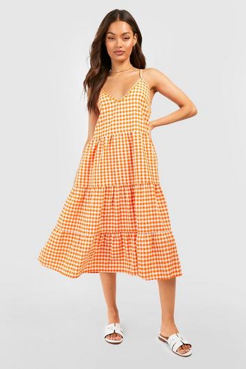 Gingham Crinkle Strappy Midi Dress orange