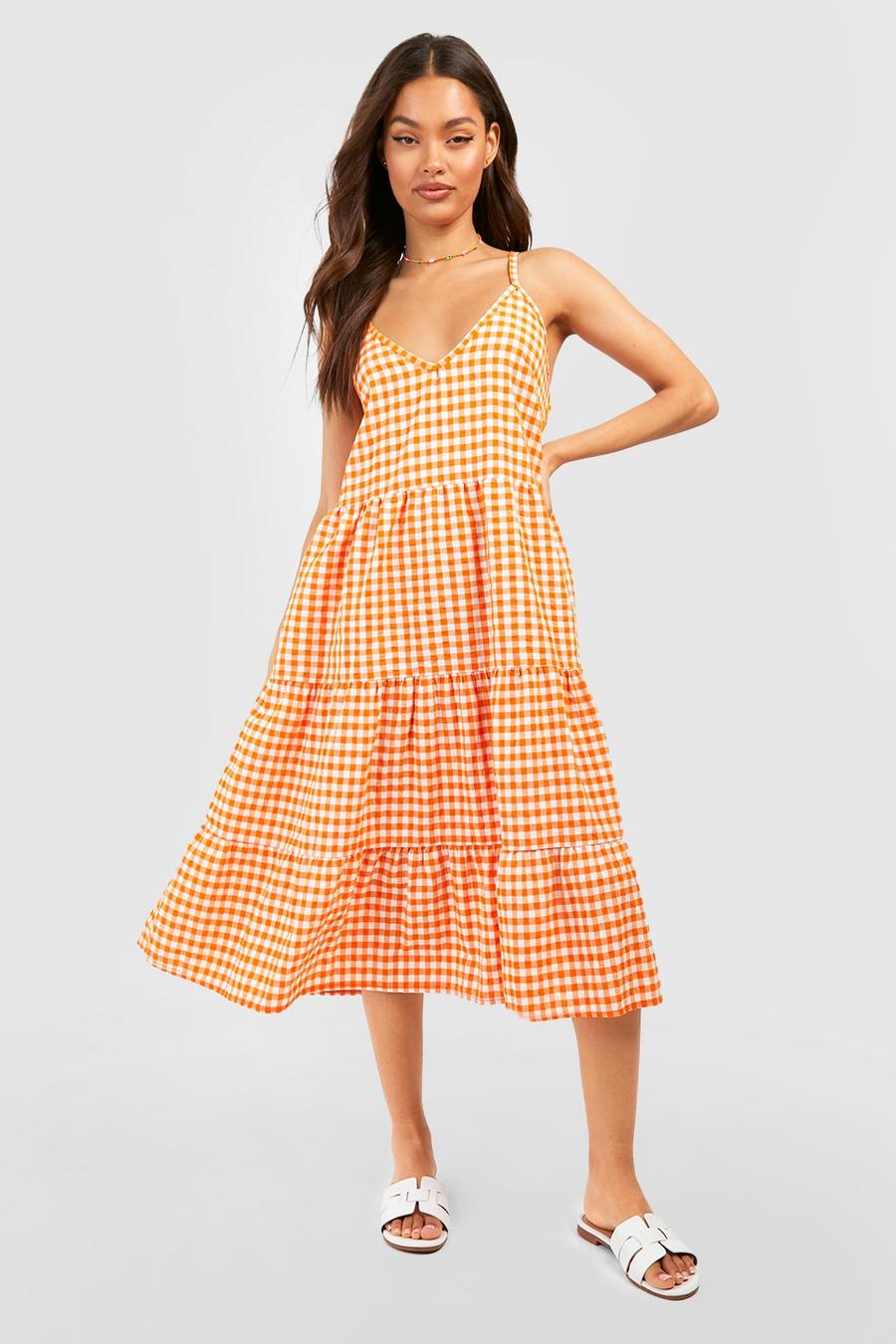 Orange Gingham Crinkle Strappy Midi Dress