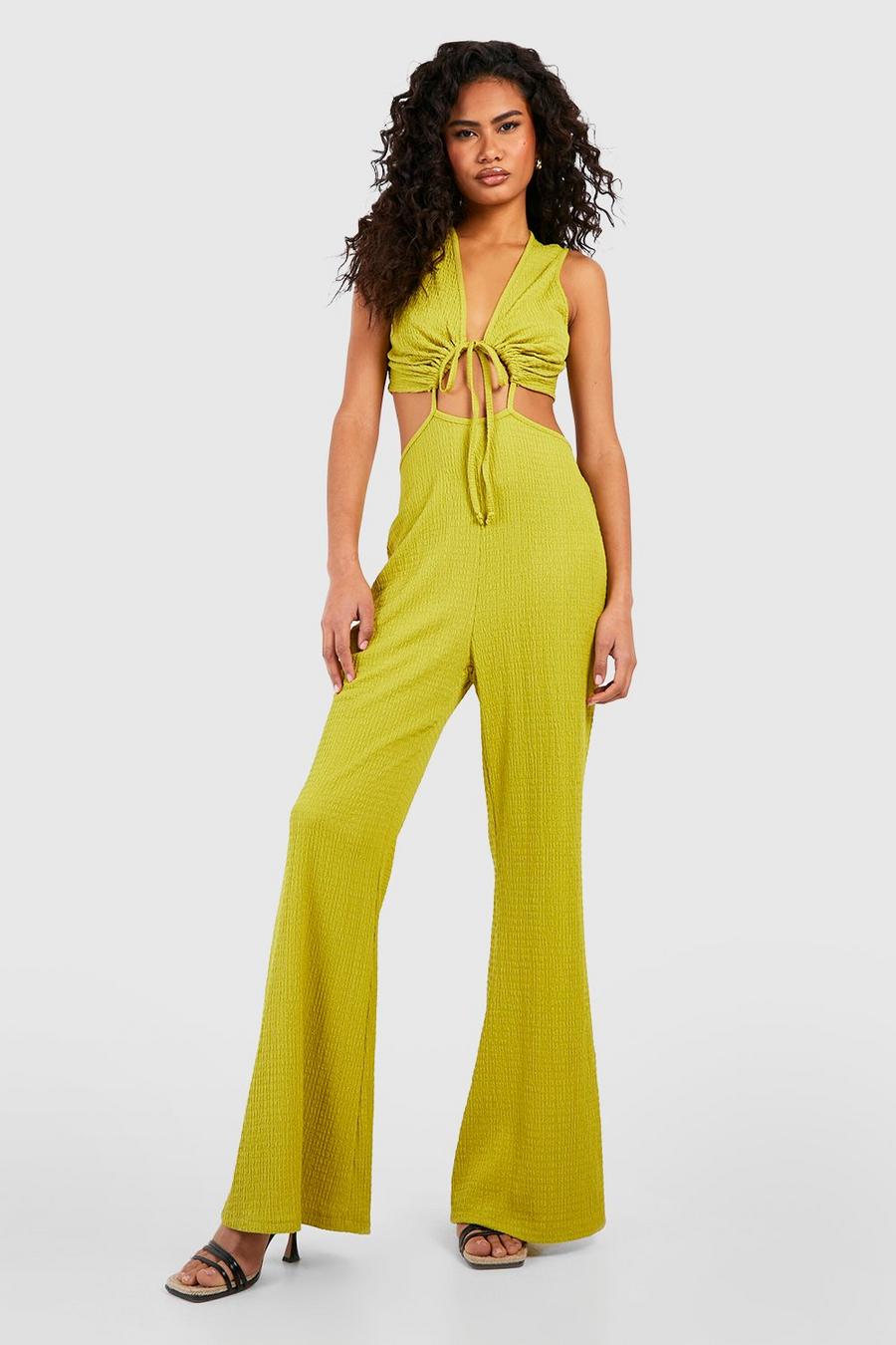 Cut-Out Jumpsuit in Knitteroptik mit weitem Bein, Chartreuse image number 1