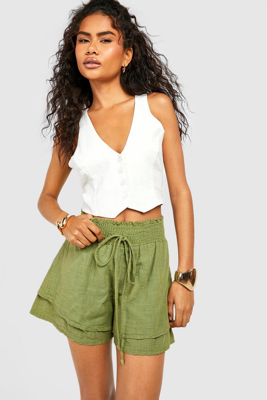 RQYYD Clearance Womens Summer Cotton Linen Shorts Cute Ruffles Wide Leg  High Waisted Casual Beach Lounge Shorts with Pockets(Army Green,M) 