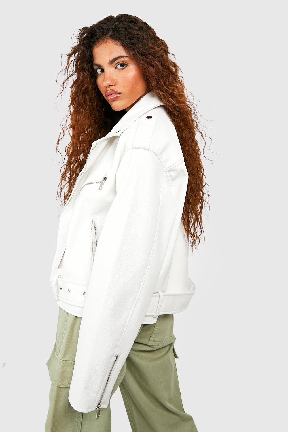 Oversized Cropped Faux Leather Jacket White