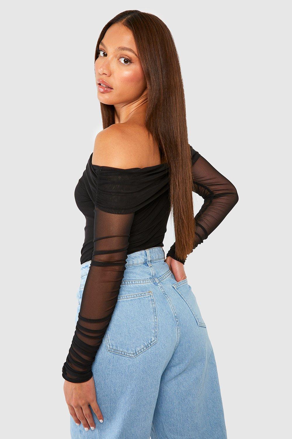 Women's Long-Sleeve Off-The-Shoulder Wrap Mesh Bodysuit