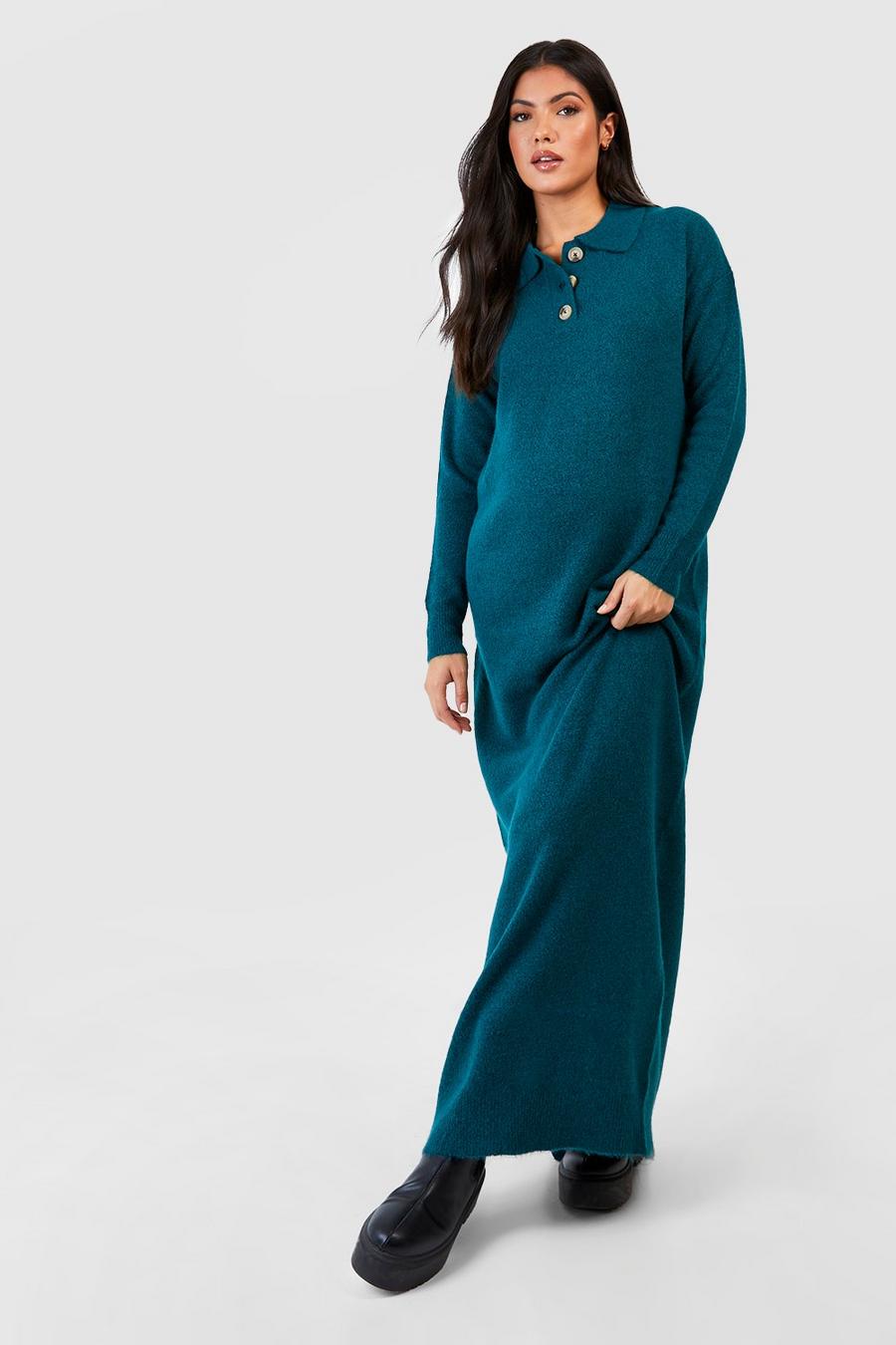 Umstandsmode Strick-Maxikleid mit Polo-Kragen und Knöpfen, Jade