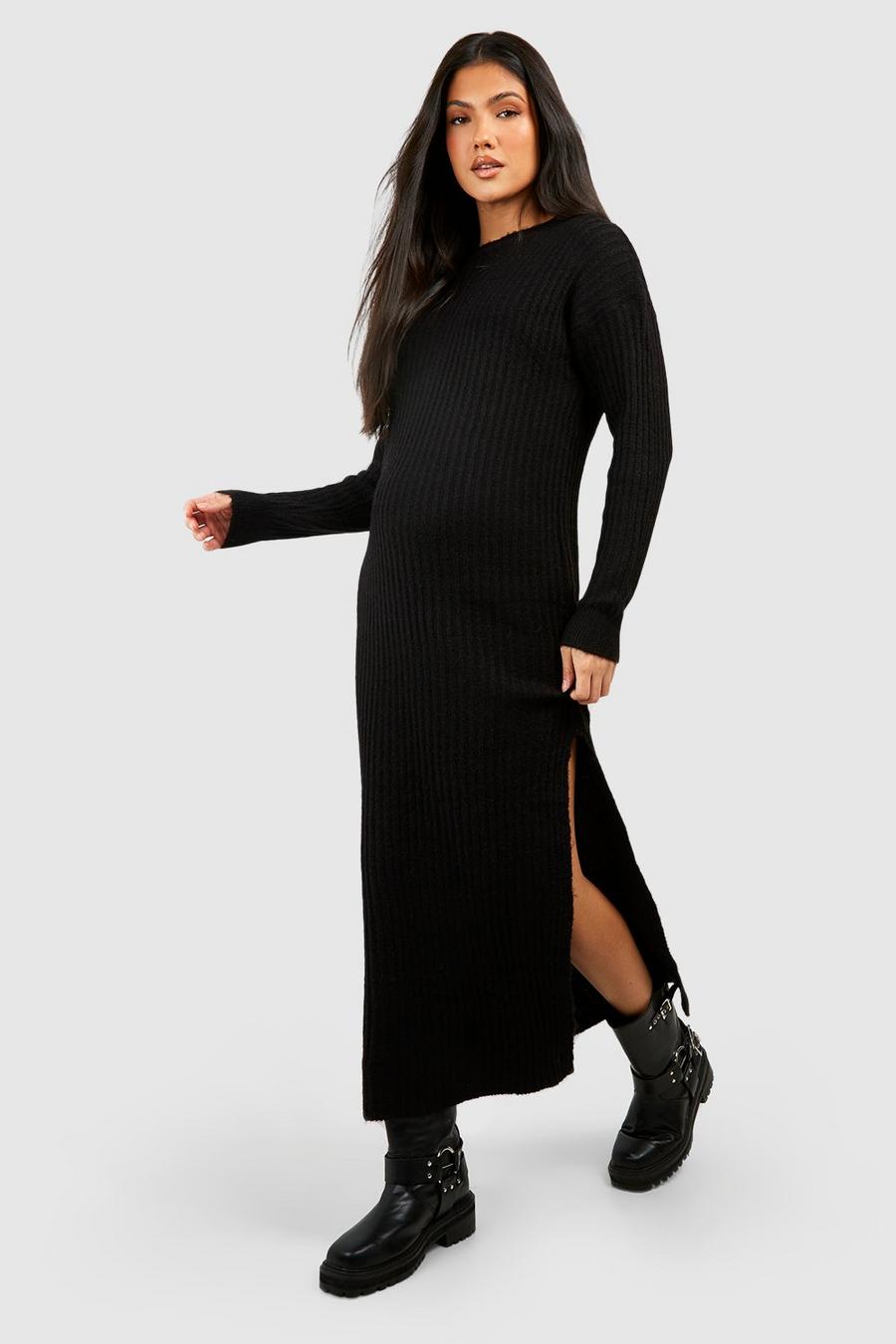 Black Maternity Soft Rib Midi Knitted Dress