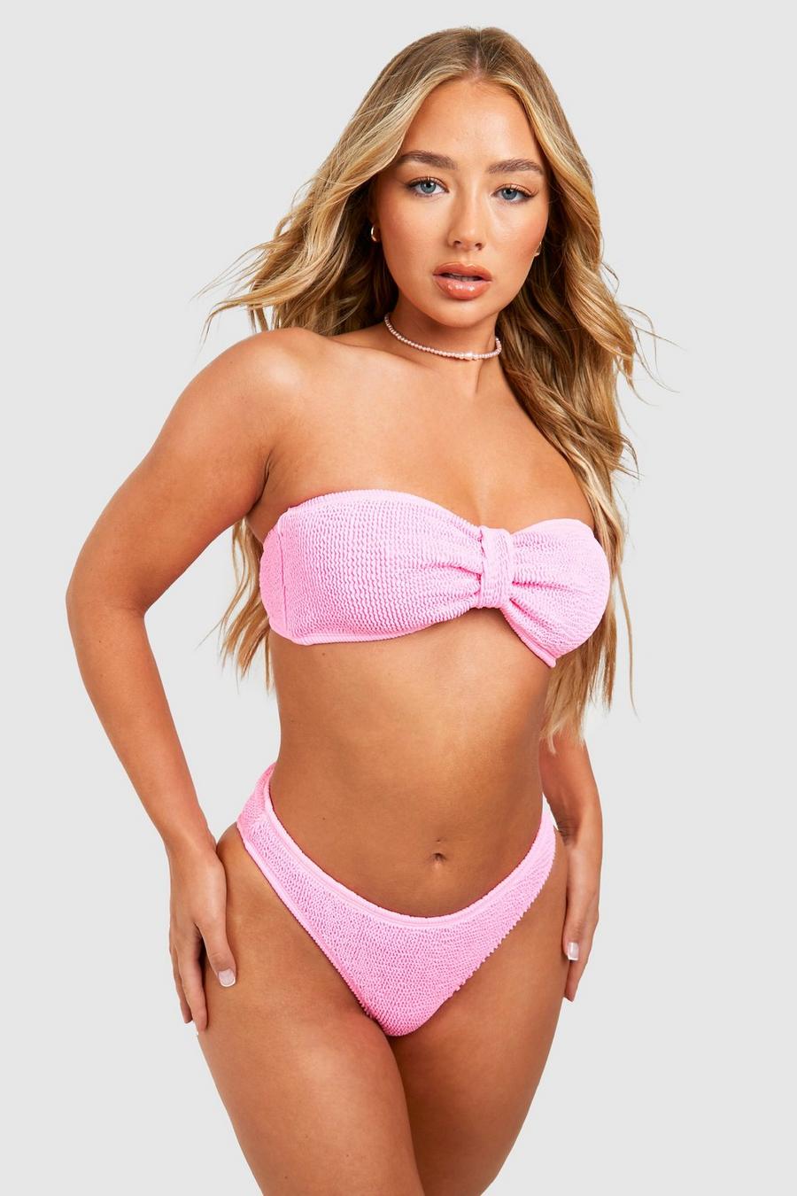 Pink Gekreukelde Geknoopte Premium Bandeau Bikini Set image number 1