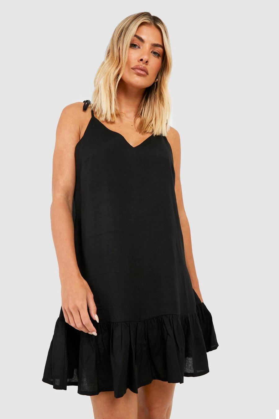 Black Linen Look Strappy Beach Mini Dress image number 1