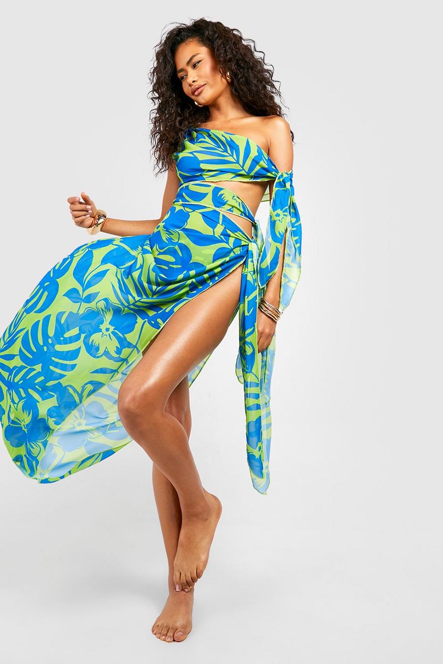 Vestido maxi para la playa con atadura, abertura y estampado tropical, Lime image number 1