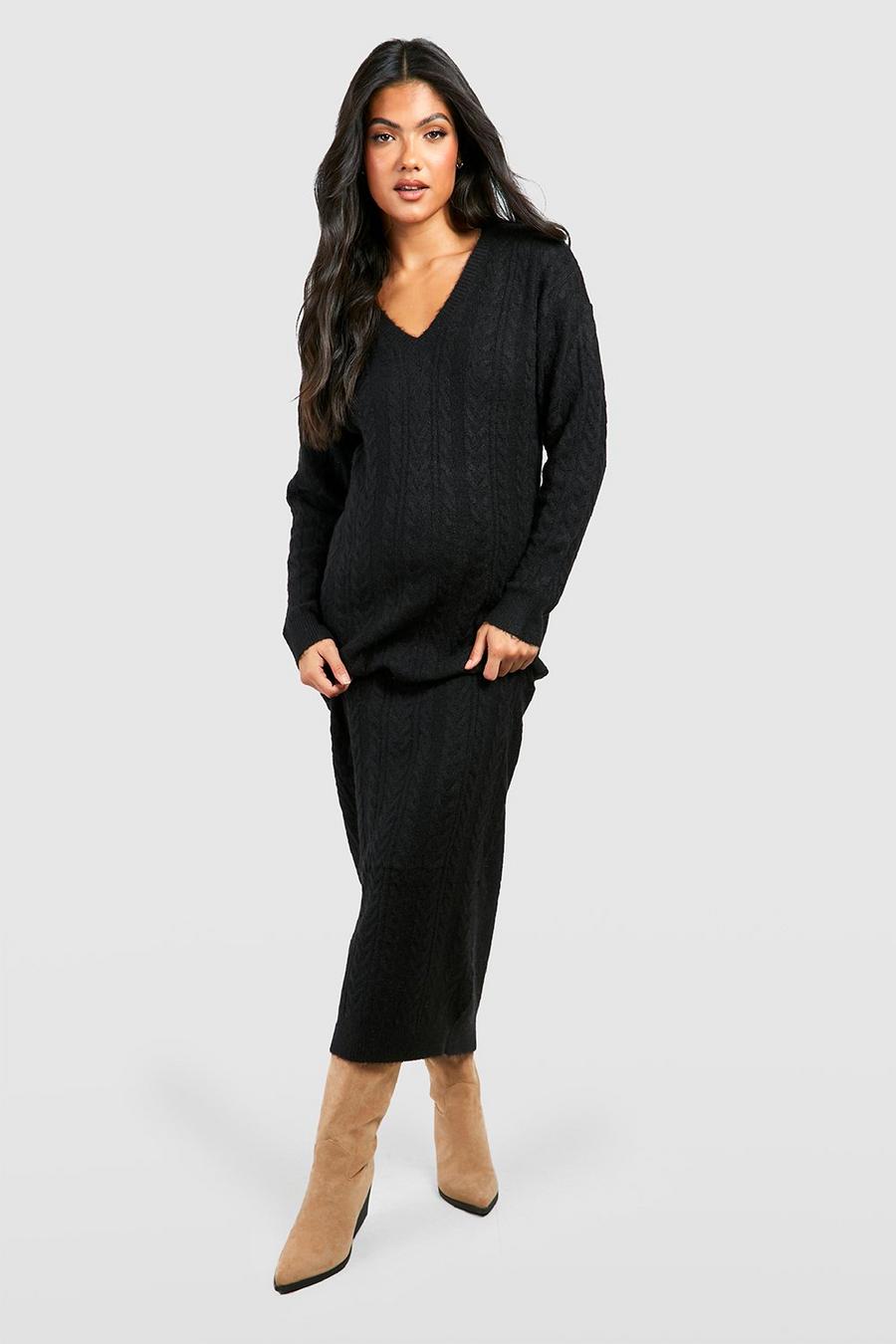 Black Maternity Cable Knit V Neck Midi Sweater Dress