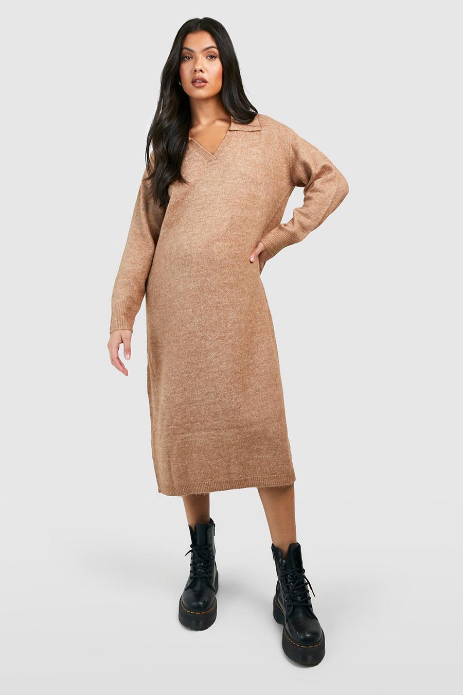Taupe Maternity Soft Knit Collared Jumper Midi Dress image number 1