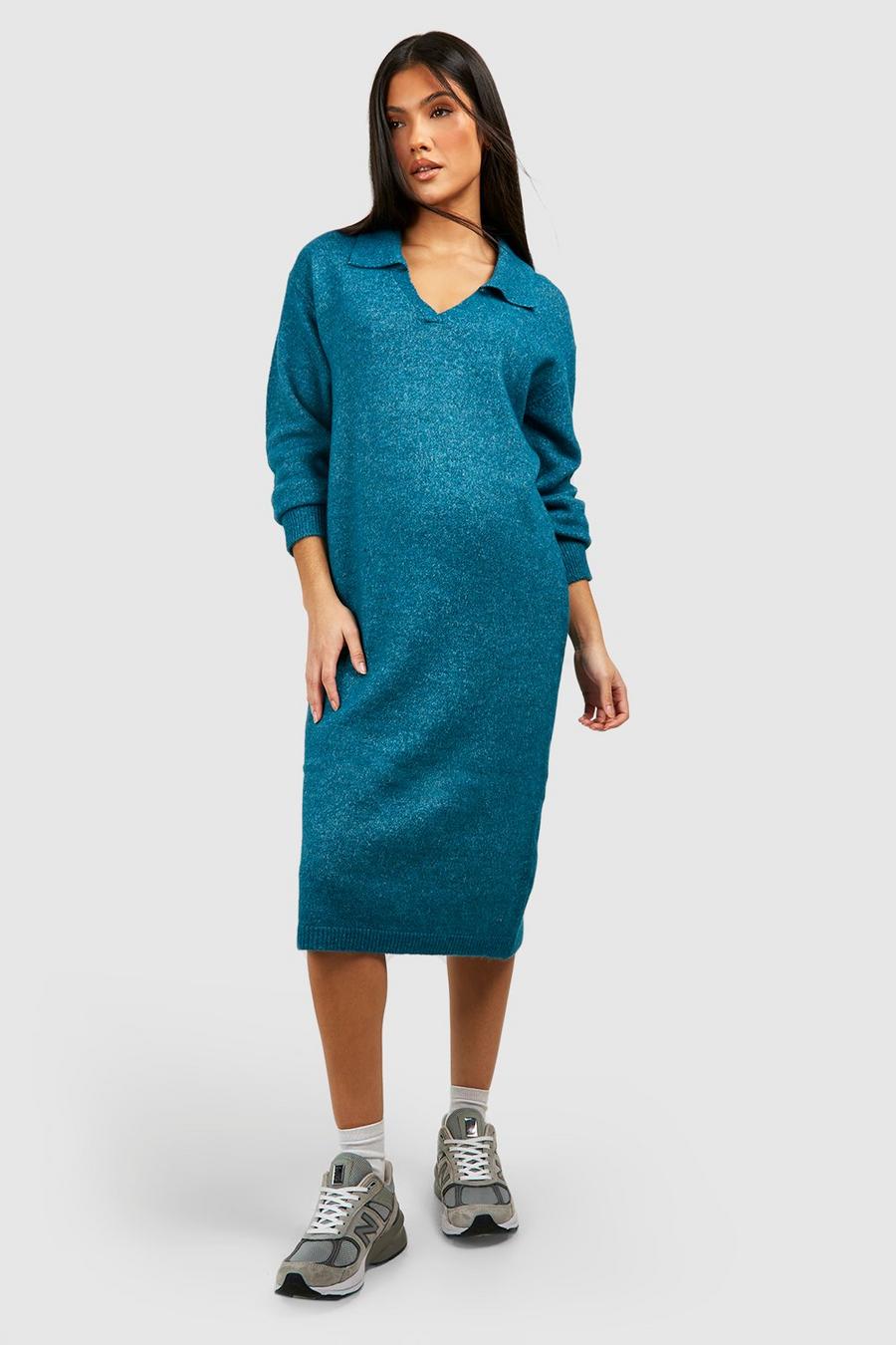 Turquoise Maternity Soft Knit Collared Sweater Midi Dress