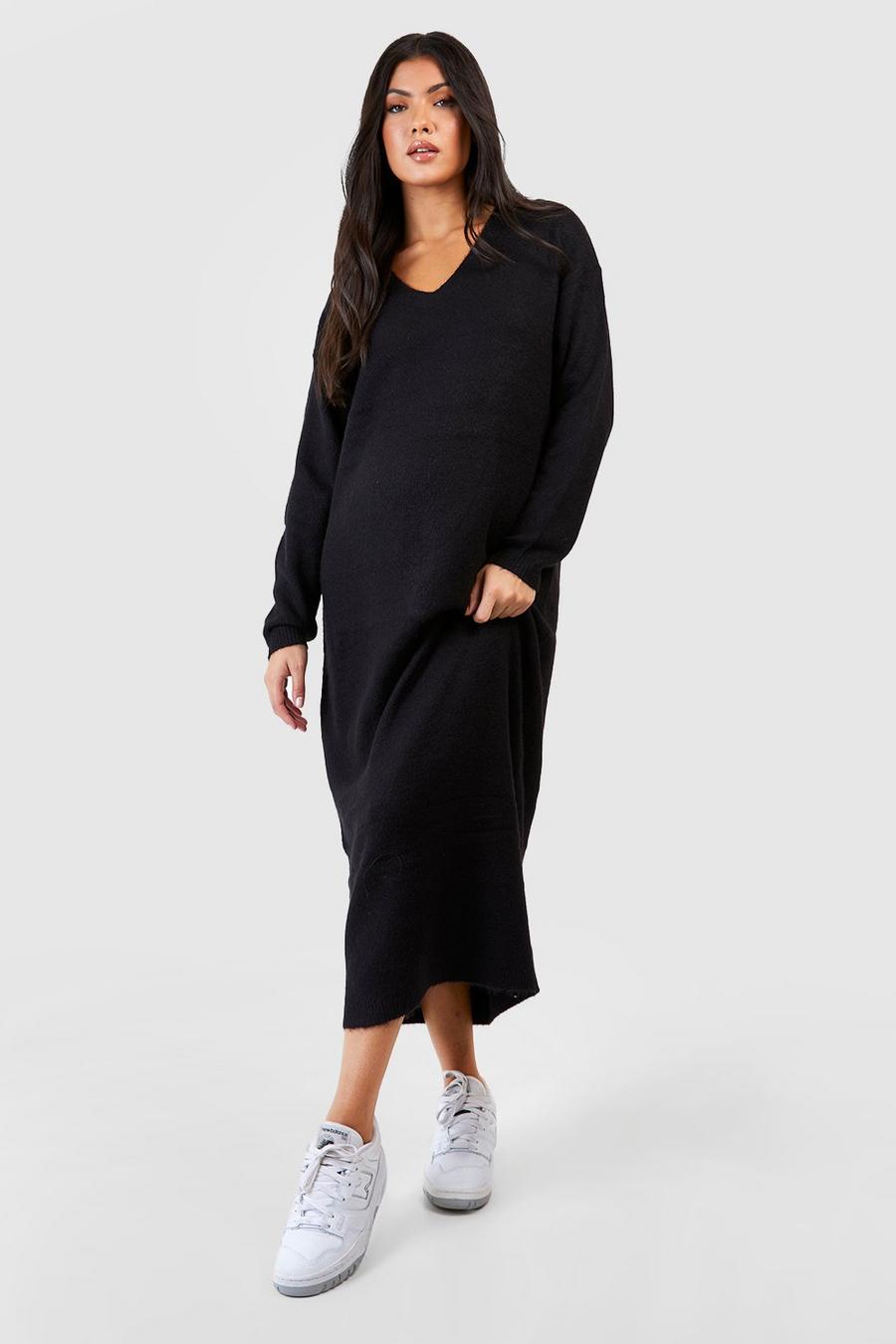 Black Maternity Slouchy Soft Knit Maxi Knitted Dress