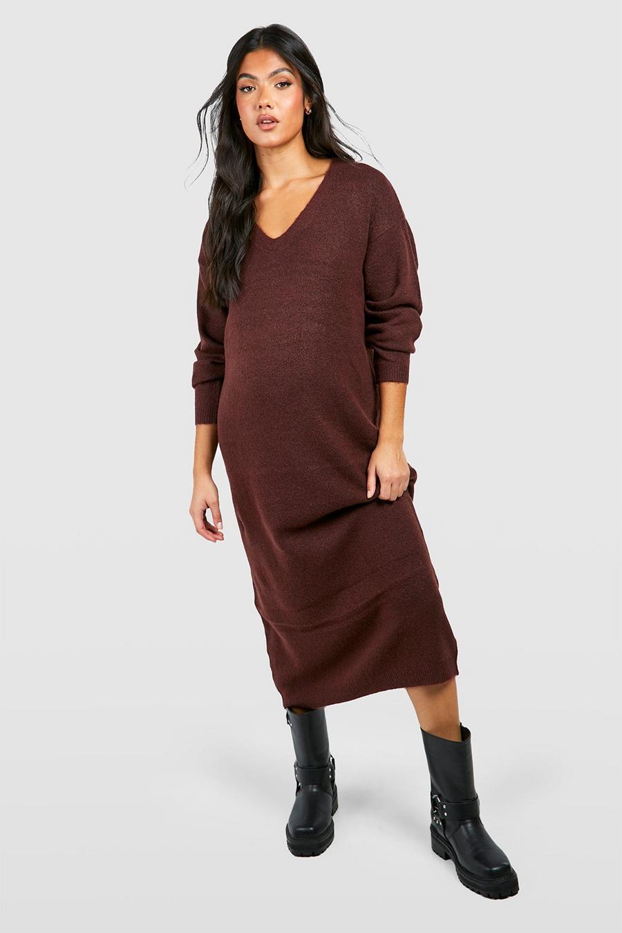 Chocolate Maternity Slouchy Soft Knit Maxi Knitted Dress image number 1