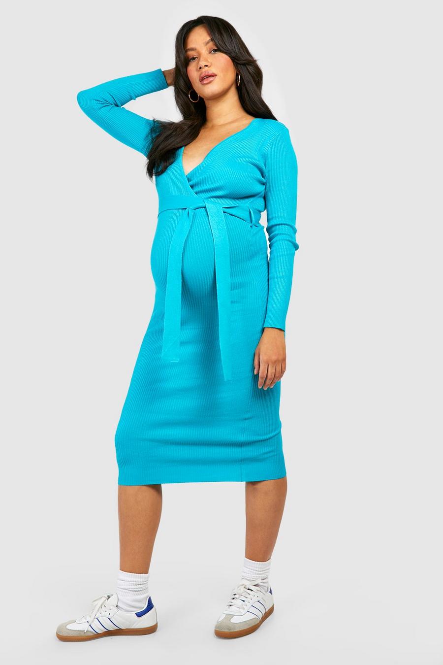 Turquoise Maternity Knitted Wrap Midi Dress image number 1