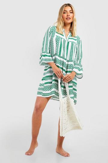 Green Printed Tiered Shift Beach Kaftan Dress