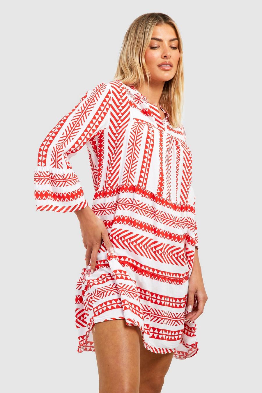 Red Printed Tiered Shift Beach Kaftan Dress image number 1