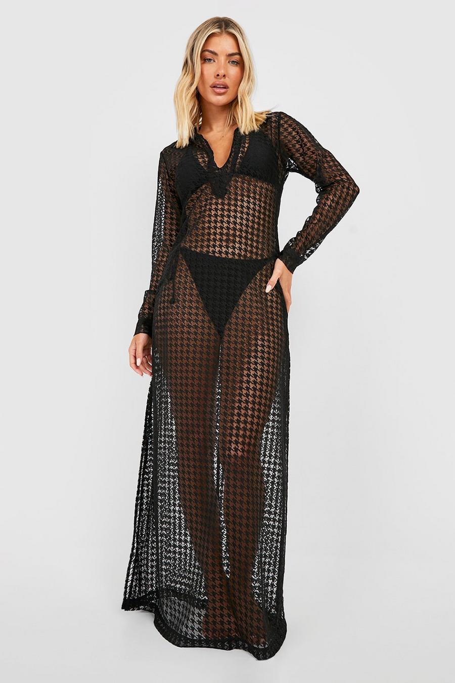 Black Dogtooth Lace Beach Cover-up Maxi Dress image number 1