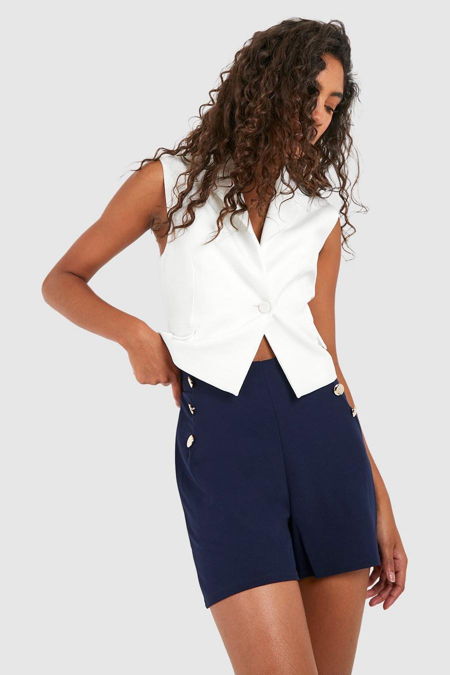 Navy Tall Button High Waist Tailored Shorts image number 1