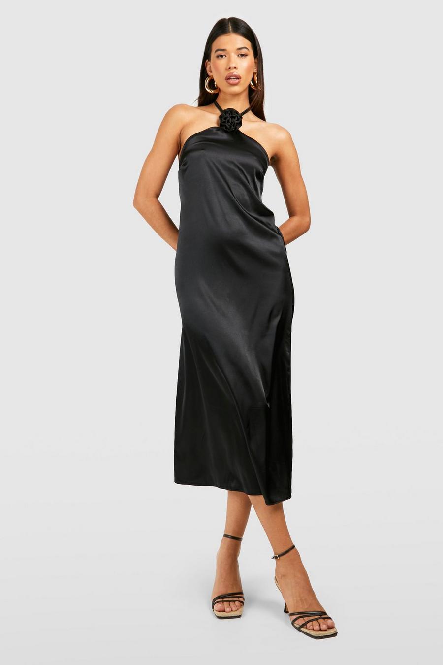 Black Tall Satin Halter Corsage Dress image number 1